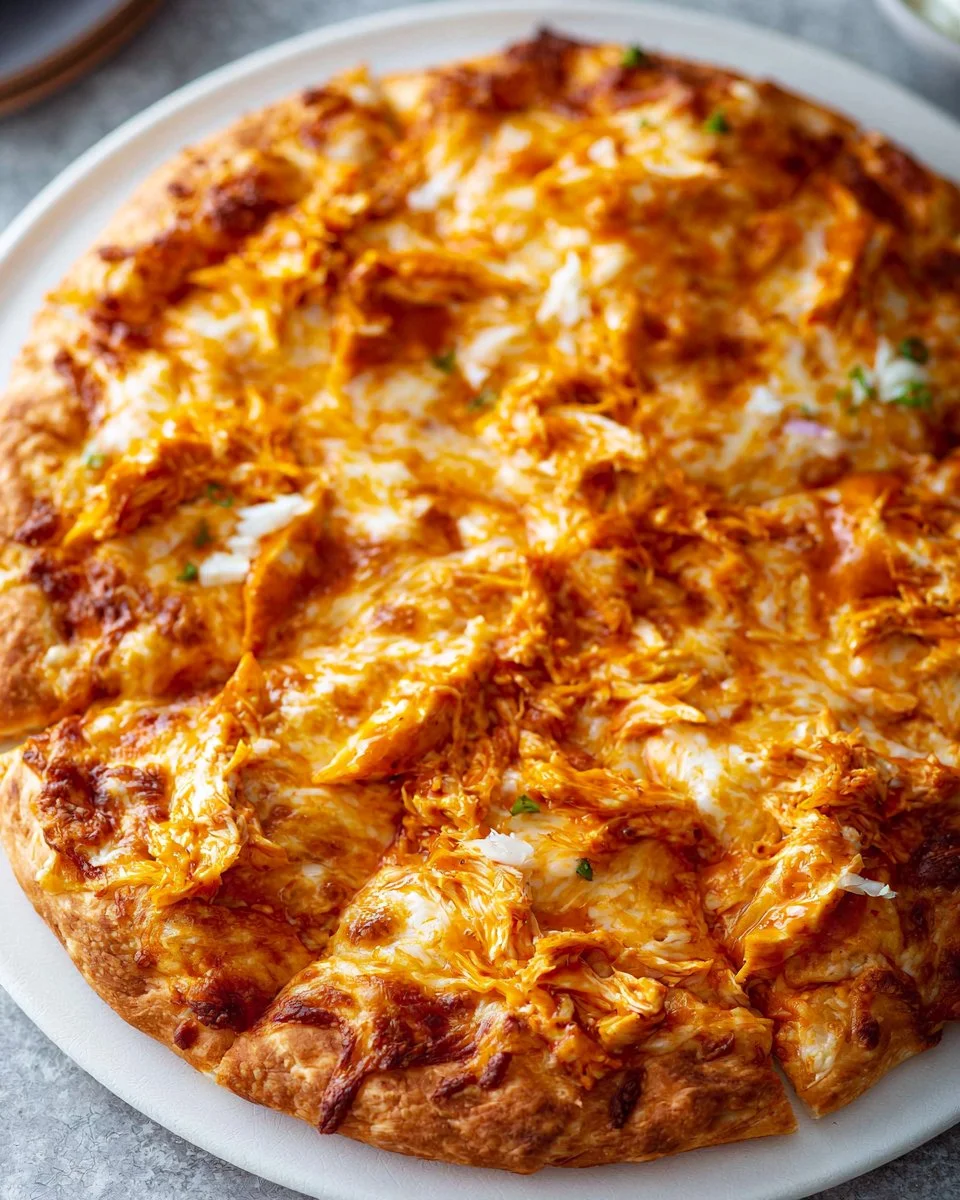 Buffalo Chicken Pizza topped with spicy sauce, chicken, and melted cheese