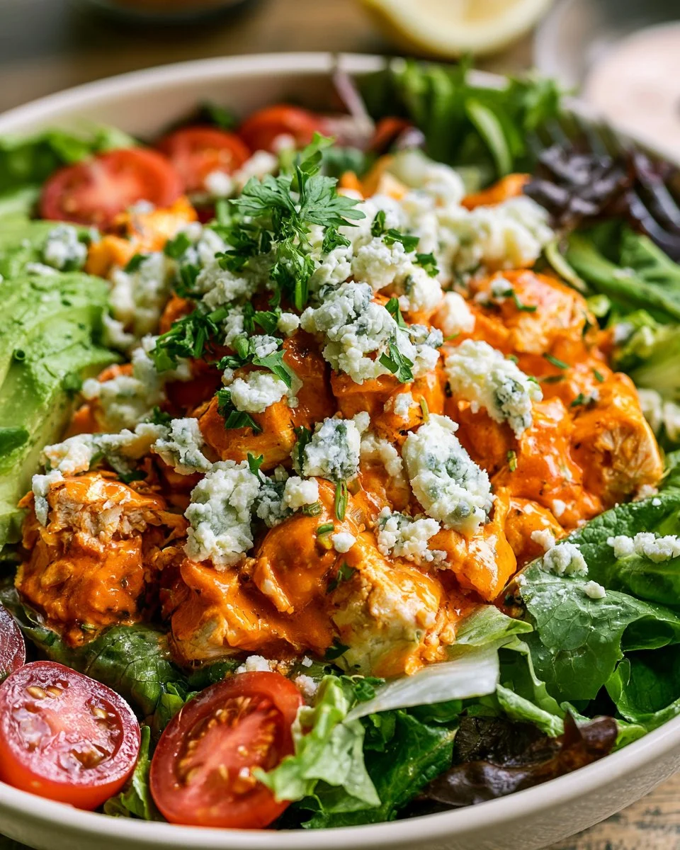 Delicious Buffalo Chicken Salad with spicy chicken and fresh greens