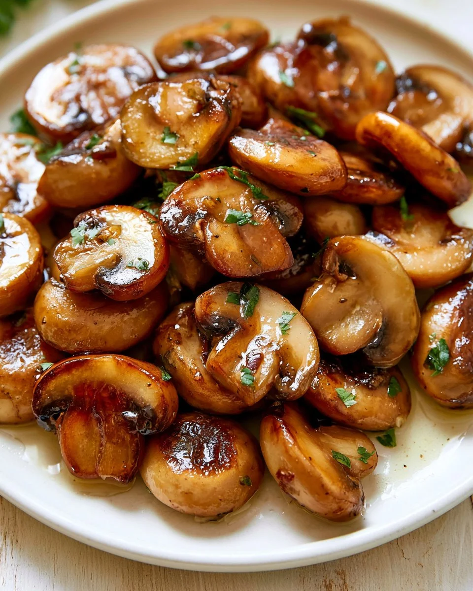 Plate of butter garlic sautéed mushrooms garnished with fresh herbs