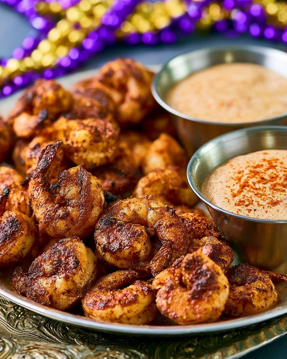 Plate of Cajun grilled shrimp with a side of spicy dipping sauce
