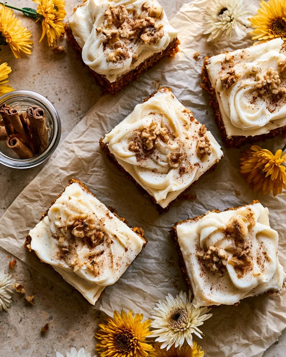 Freshly baked carrot cake bars topped with creamy frosting on a platter