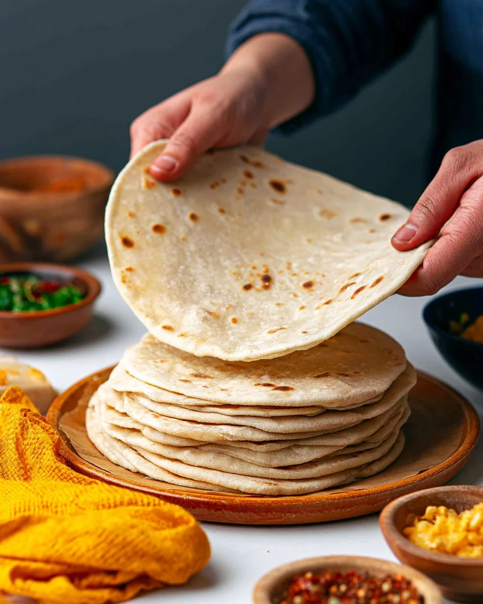 Freshly made chapati flatbread on a wooden table