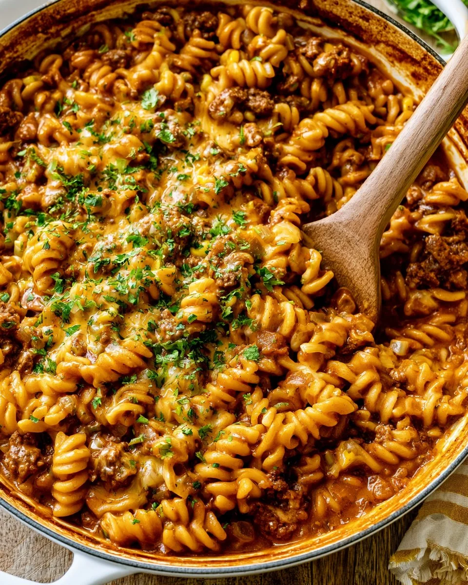 Delicious cheeseburger casserole topped with melted cheese and fresh ingredients