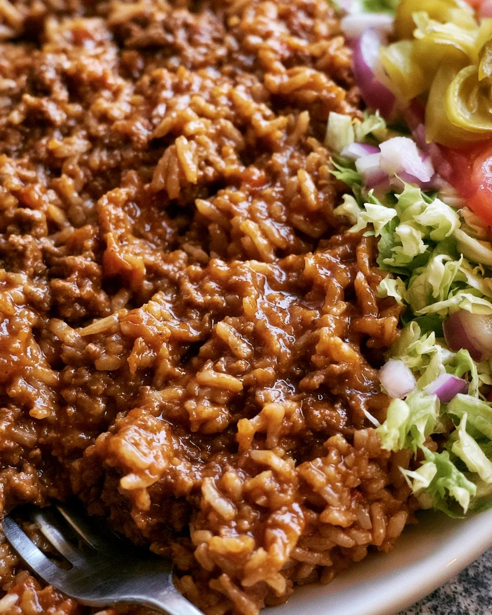 A bowl of cheeseburger rice topped with cheese and fresh herbs.