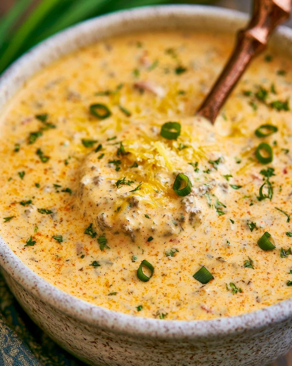 A bowl of creamy cheeseburger soup topped with cheese and bacon.