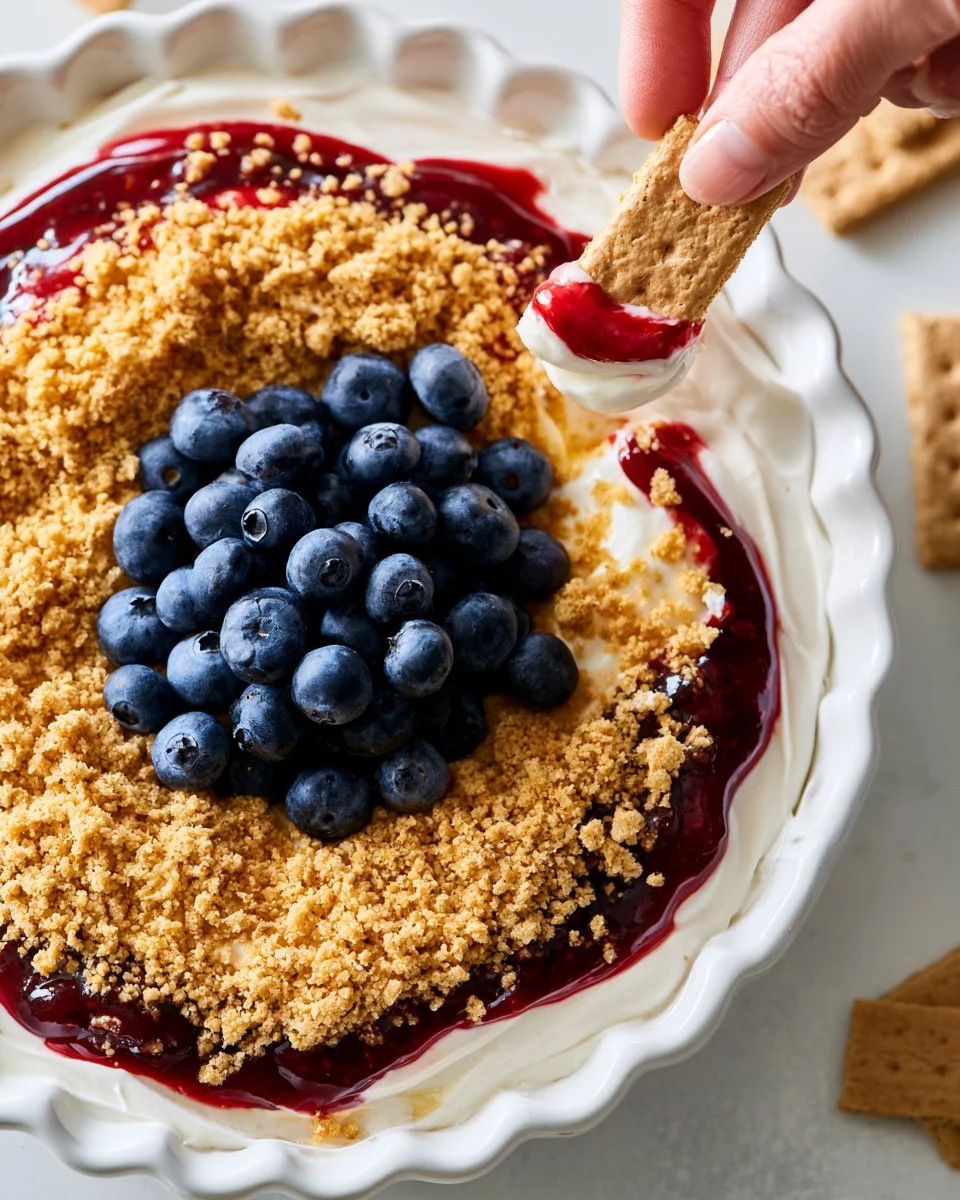 Delicious cheesecake dip served with fresh fruit and graham crackers