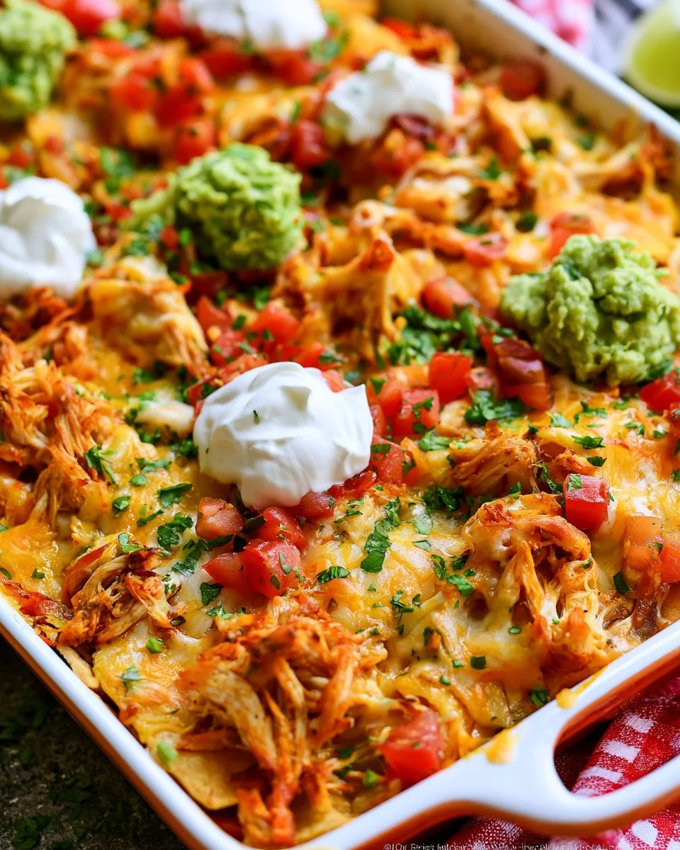 Delicious cheesy chicken nachos topped with melted cheese, jalapenos, and chicken.
