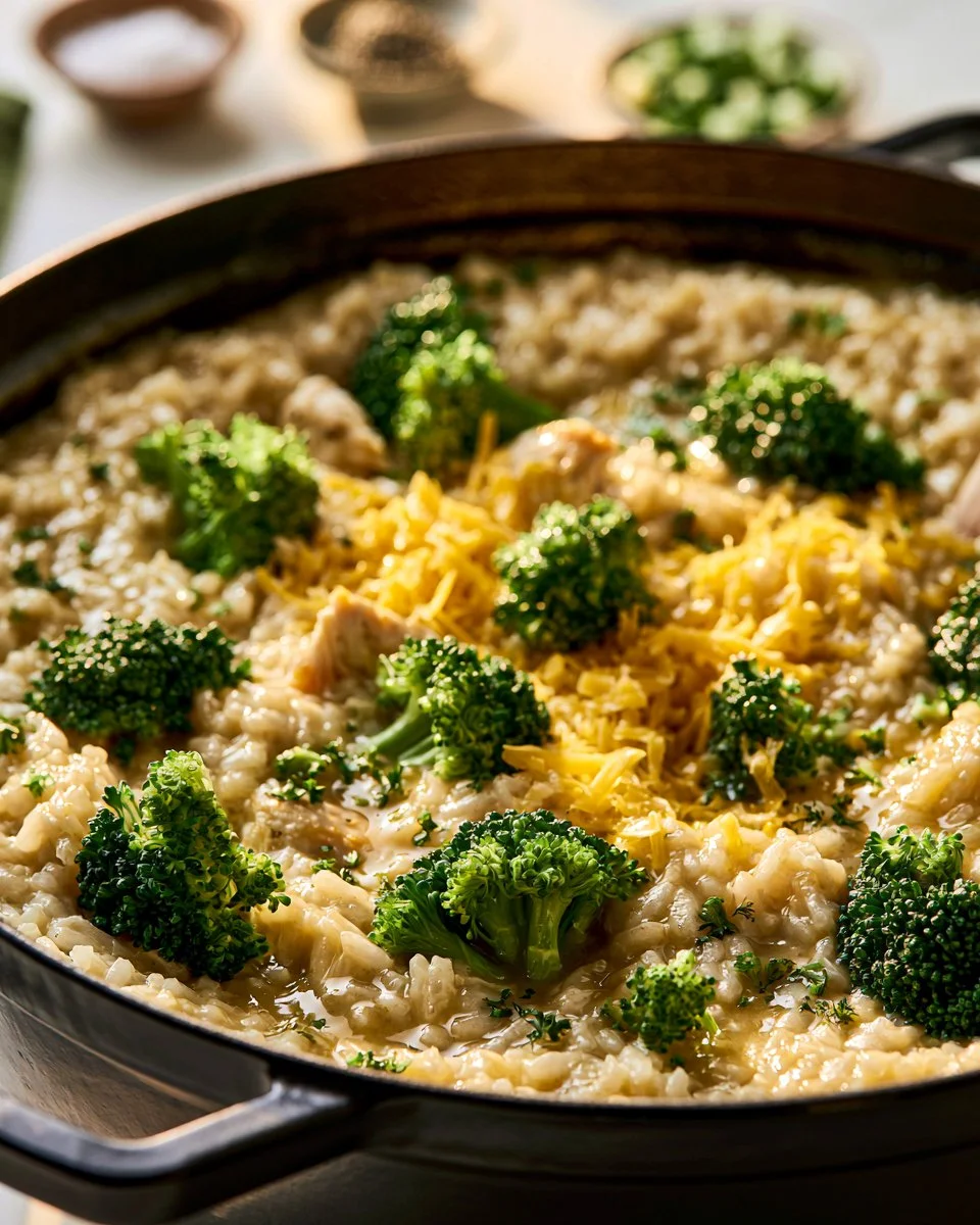 Cheesy chicken risotto with broccoli served in a bowl