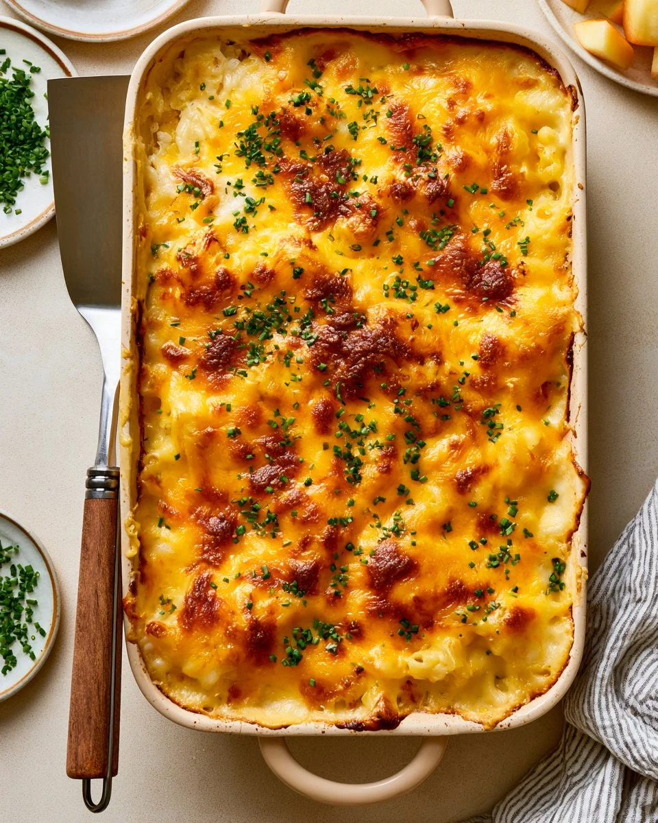 Creamy cheesy scalloped potatoes baked until golden and bubbly