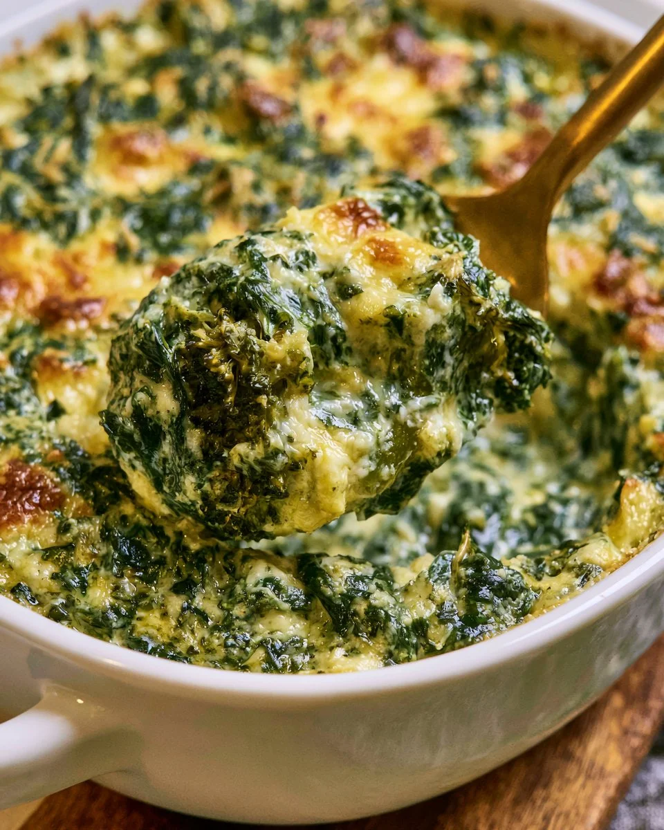 Cheesy spinach casserole baked to perfection, served in a dish