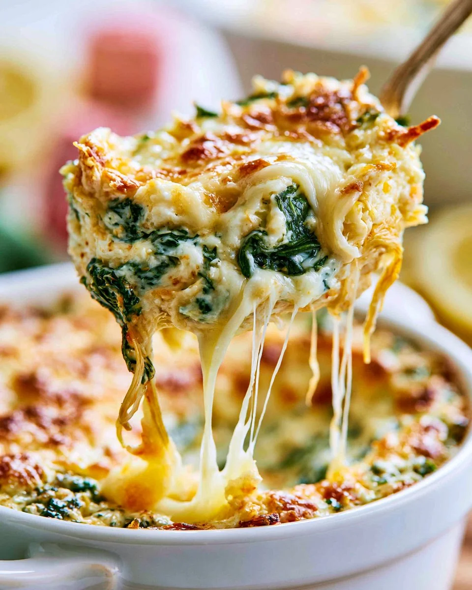 Cheesy spinach casserole baked until golden and bubbly, topped with melted cheese.