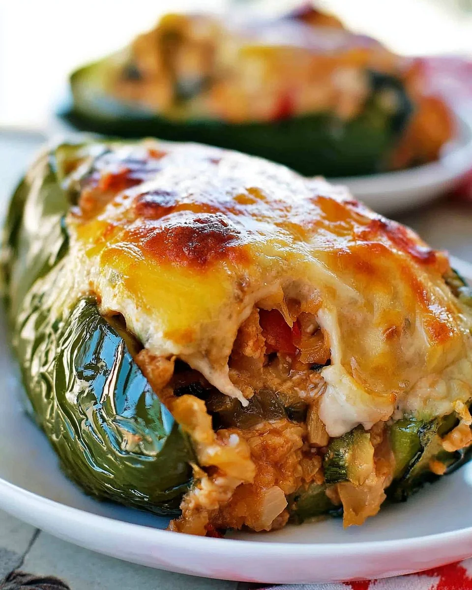 Delicious cheesy stuffed poblano peppers plated for serving