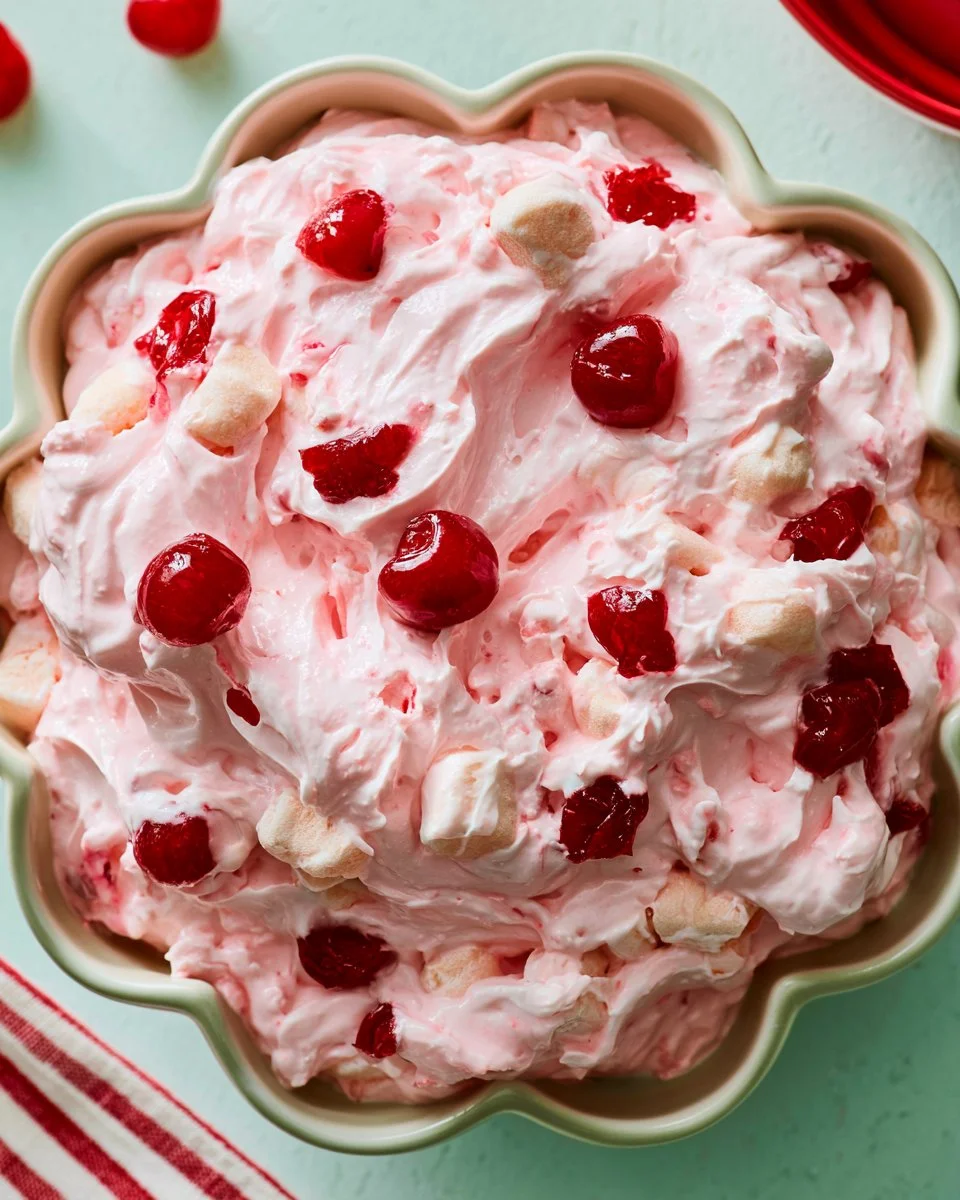 Cherry Cheesecake Fluff Salad with cherries and cream cheese topping
