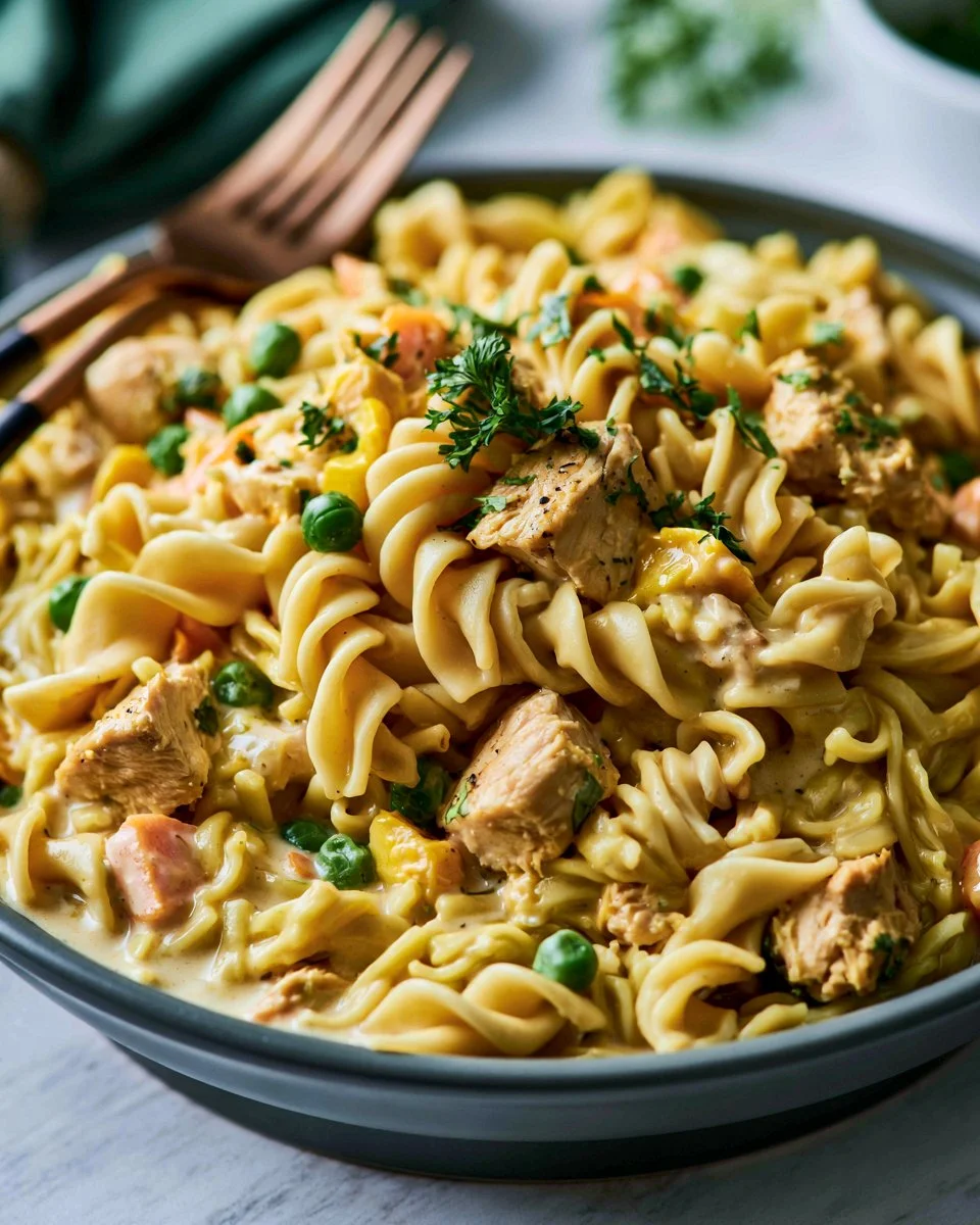 A hearty bowl of Chicken and Noodles garnished with herbs and vegetables.