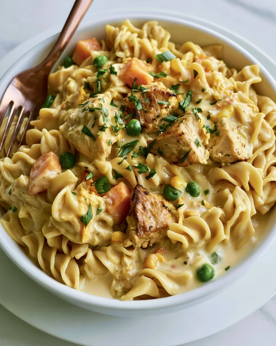 Delicious bowl of chicken noodles with vegetables and herbs