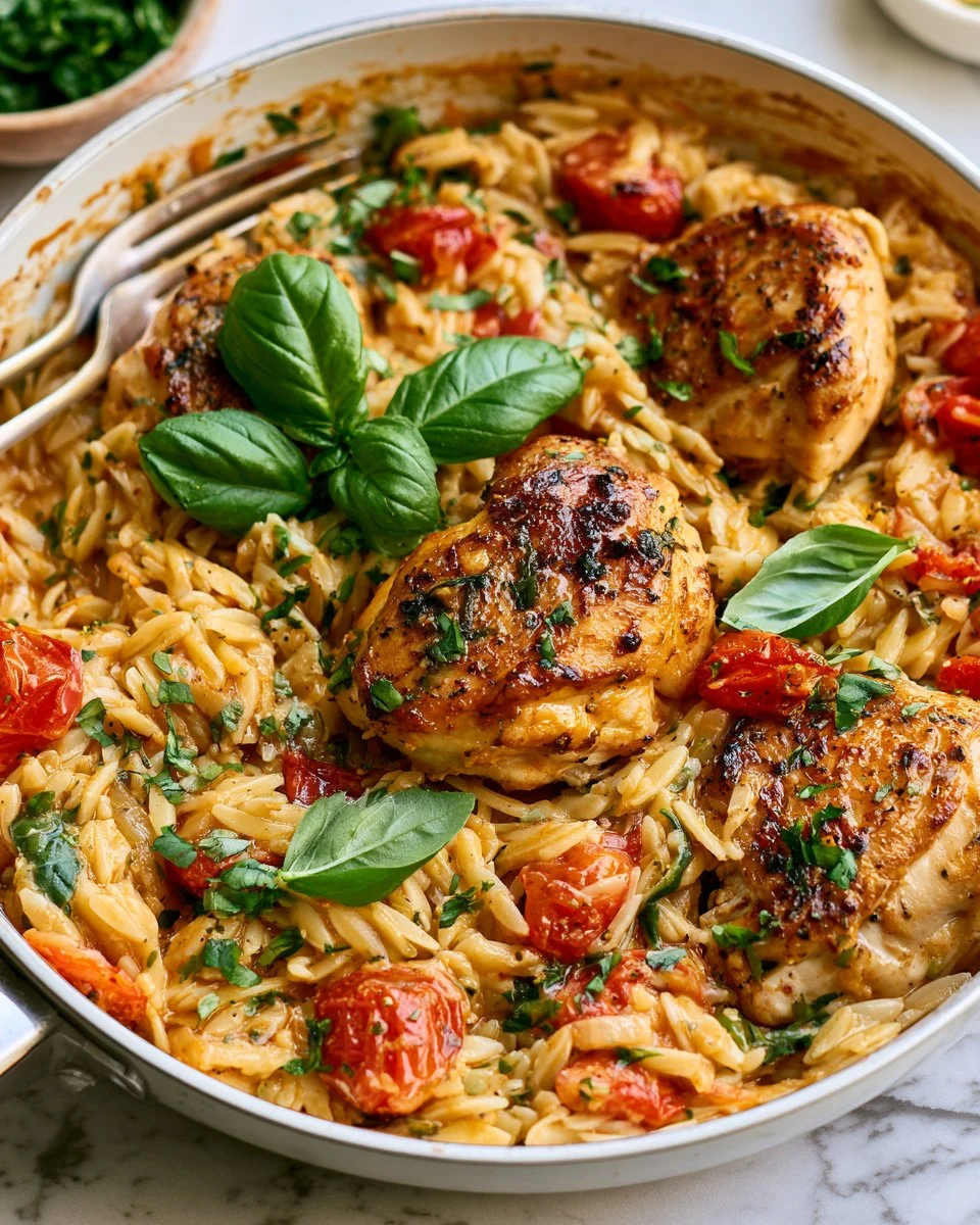 Delicious Chicken and Orzo dish served in a bowl with fresh herbs.