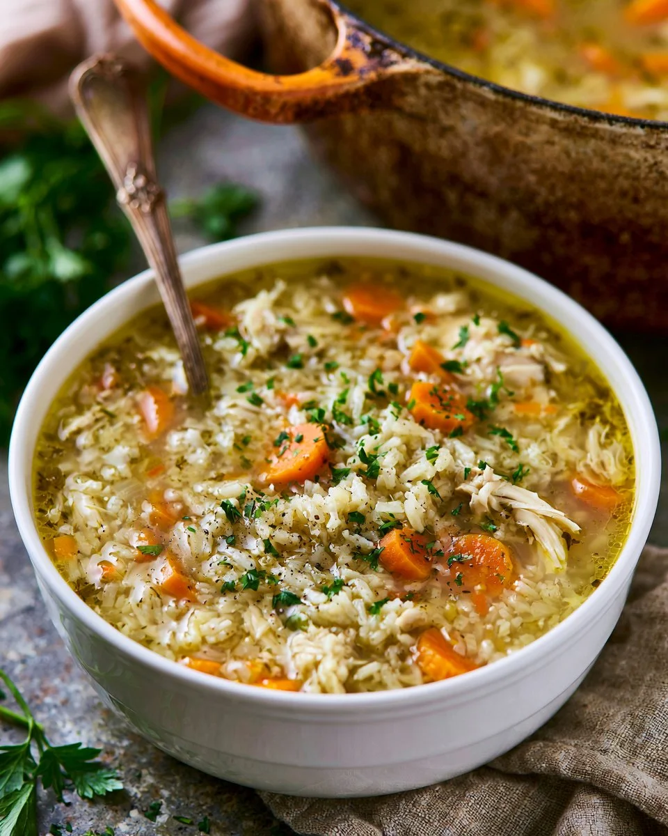 Bowl of chicken rice soup with tender chicken, rice, and herbs.