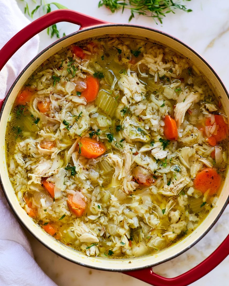 Bowl of chicken and rice soup with vegetables and herbs