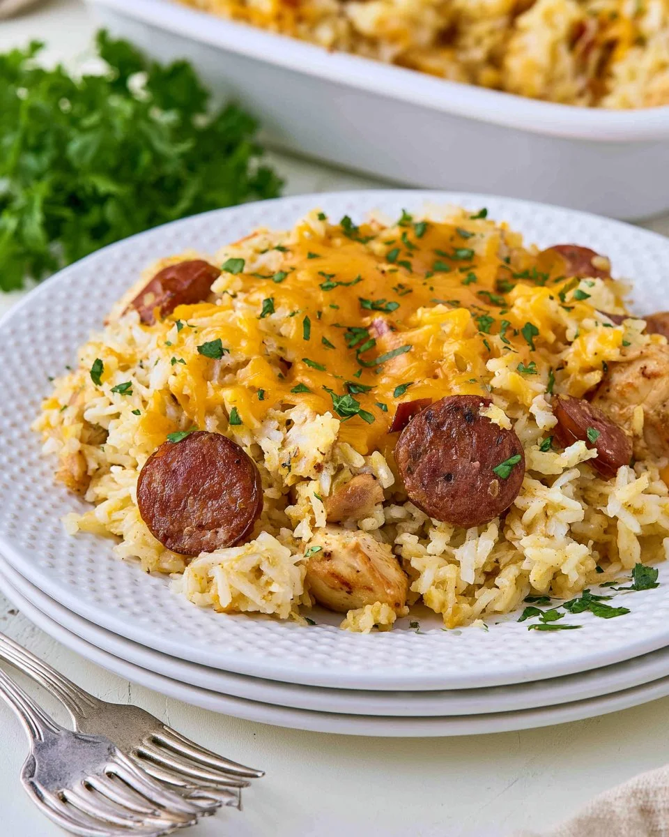 Delicious Chicken Bog Casserole cooked in a baking dish with herbs and spices.