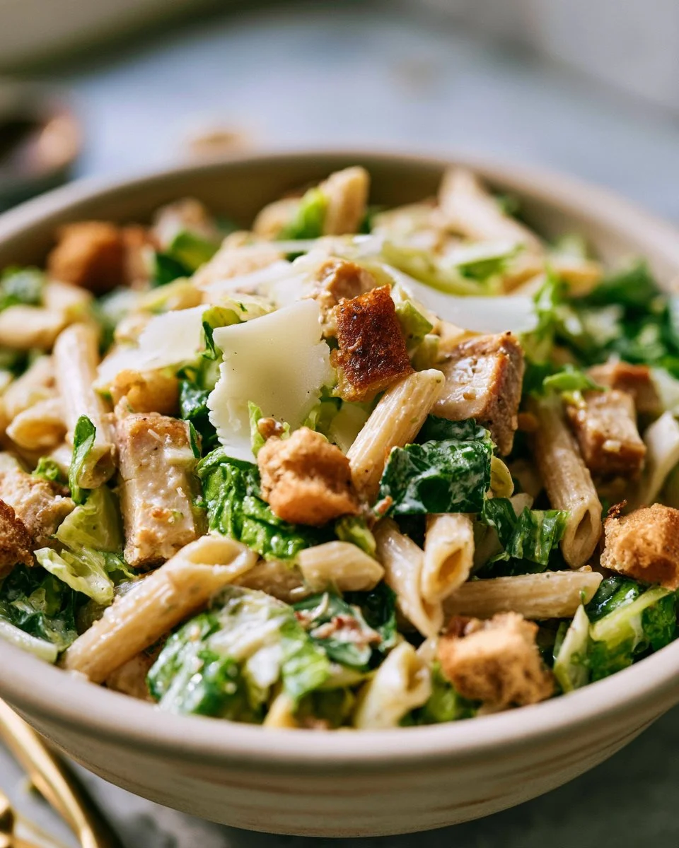Delicious Chicken Caesar Pasta Salad with romaine, grilled chicken, and dressing