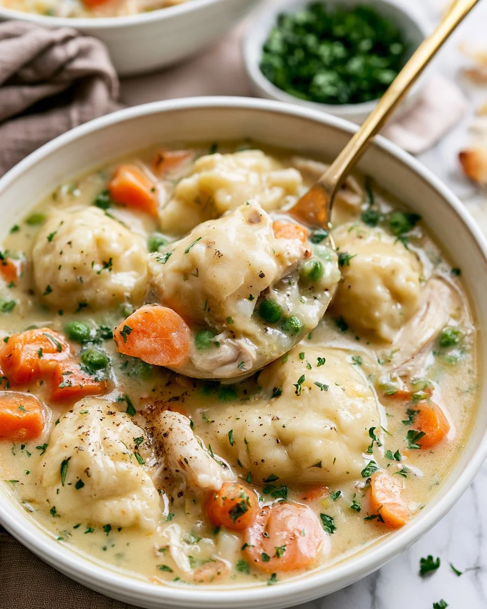 Bowl of Chicken Dumpling Soup garnished with herbs and vegetables