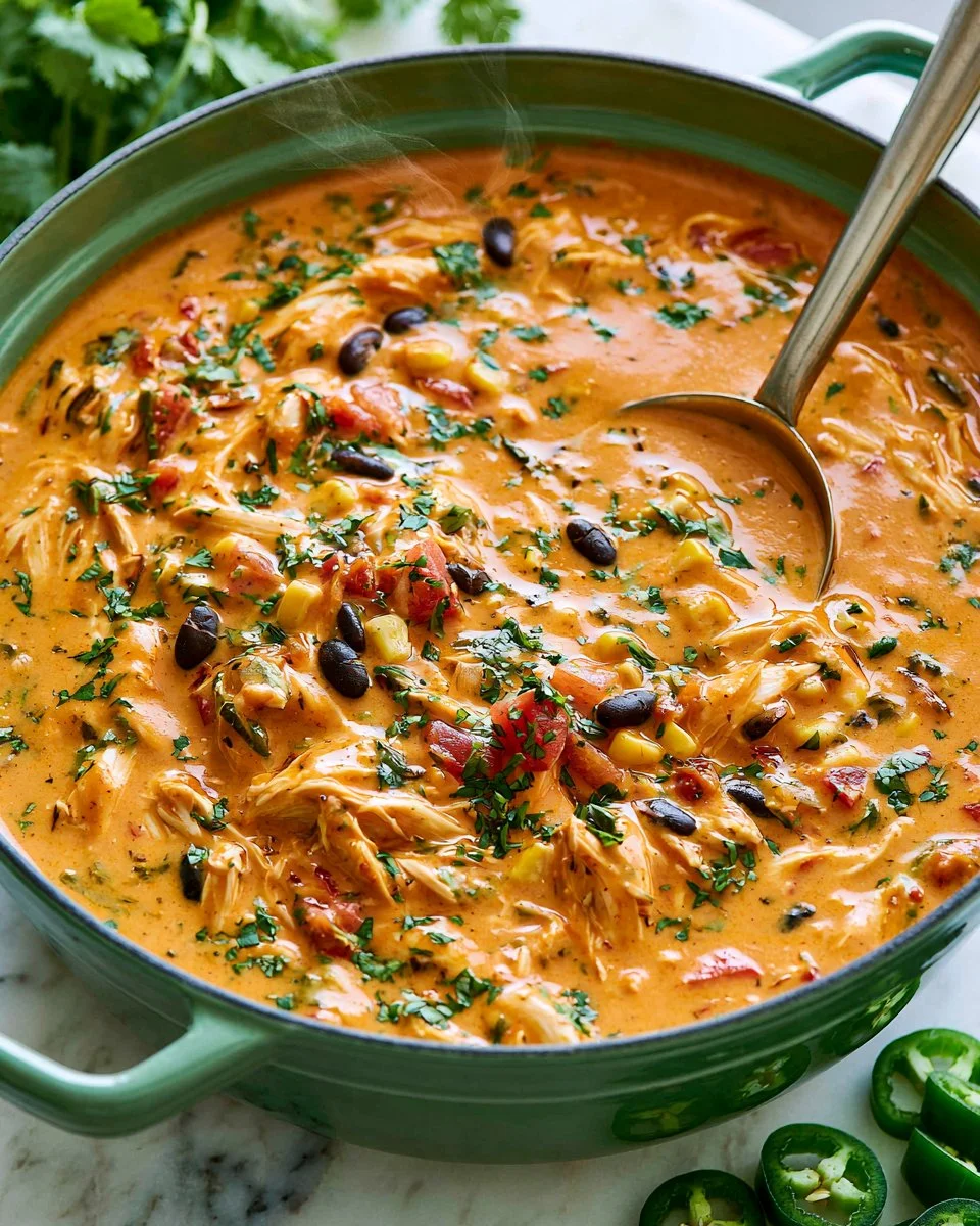 Bowl of hearty Chicken Enchilada Soup with toppings