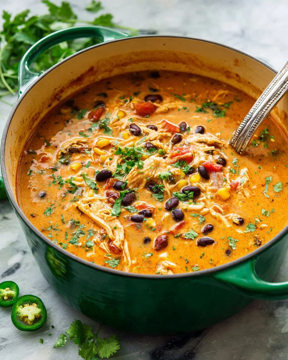 Bowl of flavorful Chicken Enchilada Soup topped with cheese and cilantro