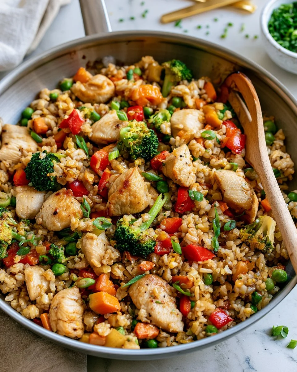Delicious chicken fried rice served in a bowl with vegetables and chicken pieces