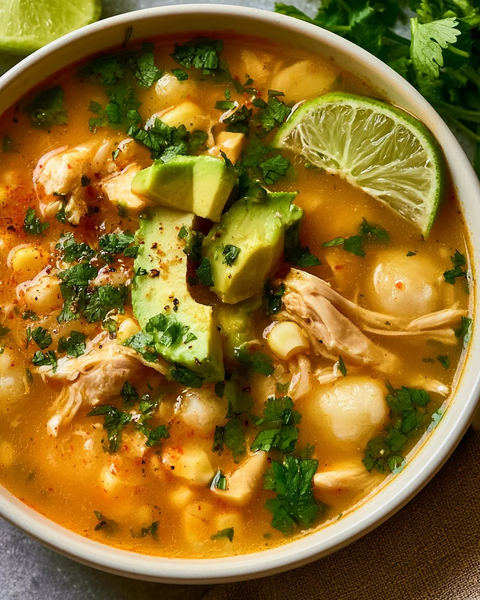 Delicious bowl of Chicken Hominy Soup with chicken, hominy, and spices