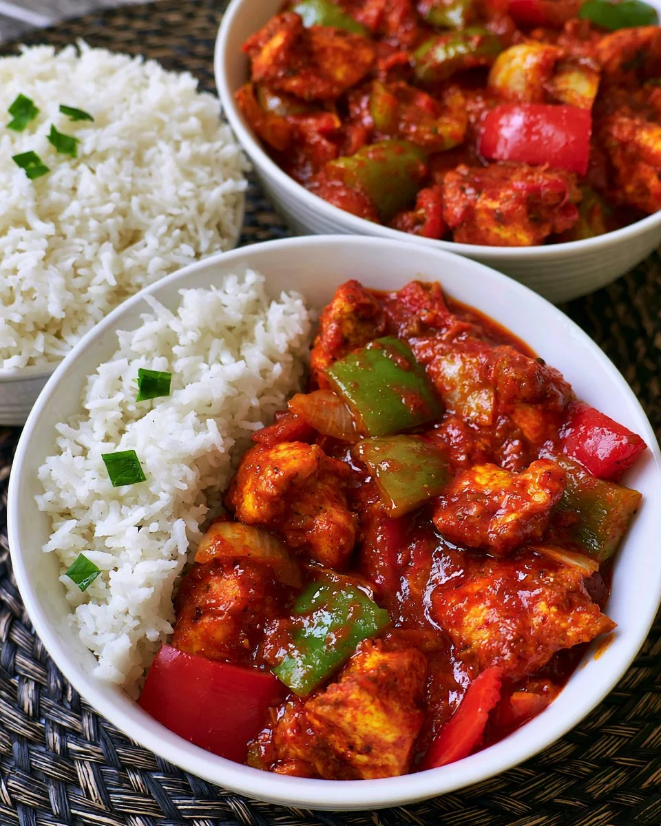 A delicious plate of Chicken Jalfrezi garnished with fresh cilantro and peppers