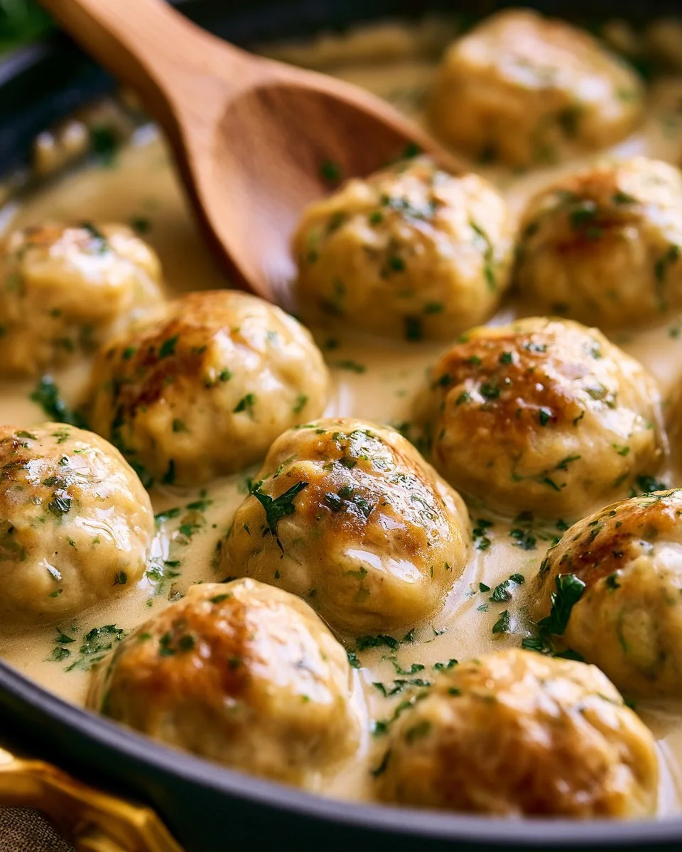 Tasty chicken meatballs served with sauce and herbs