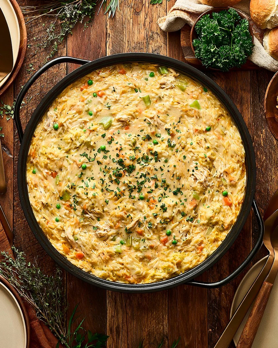 Chicken Pot Pie Orzo with golden crust and creamy filling