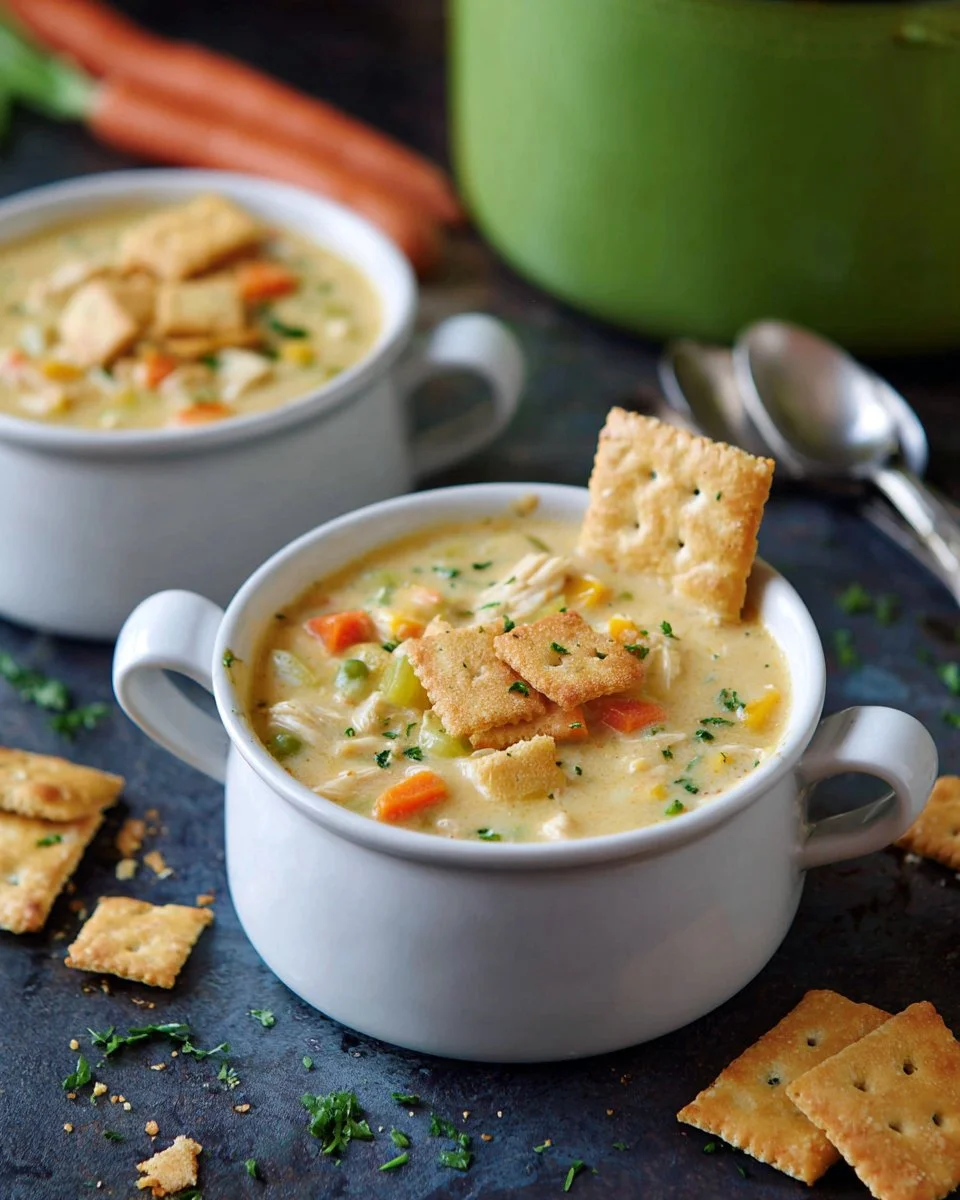 Delicious Chicken Pot Pie Soup served in a bowl, garnished with herbs.