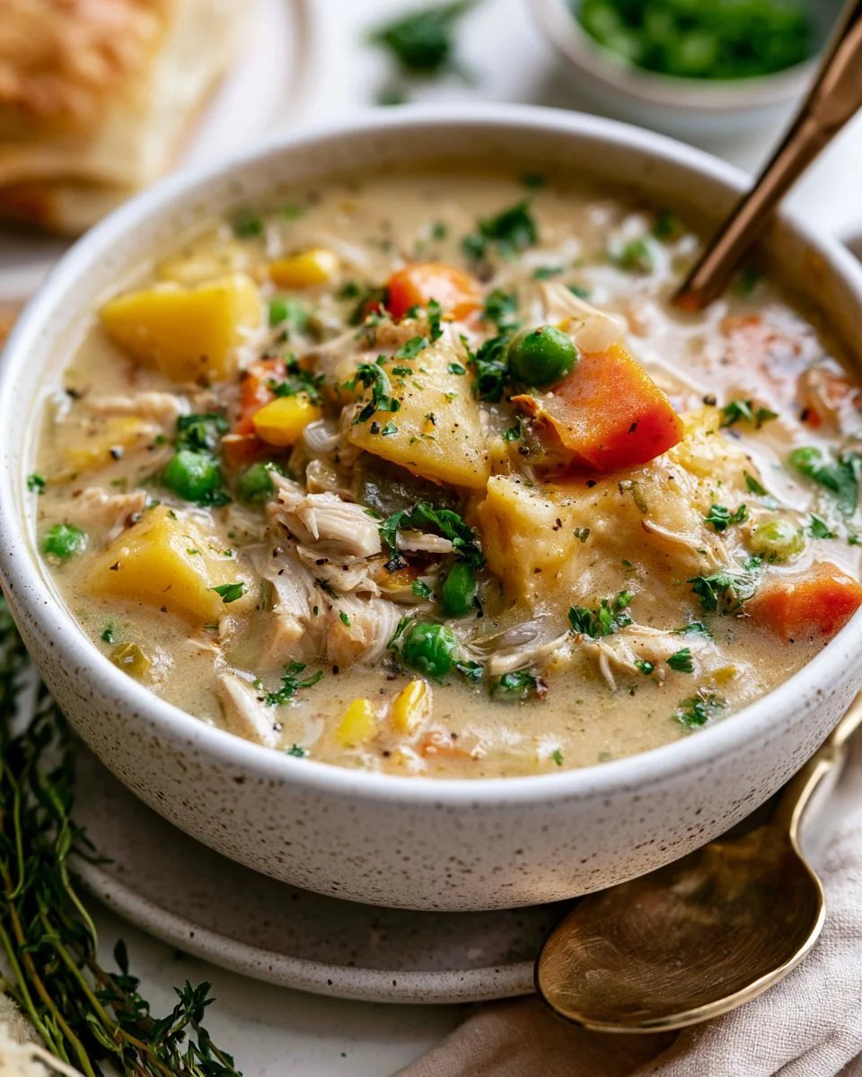 Bowl of creamy chicken pot pie soup with vegetables and herbs