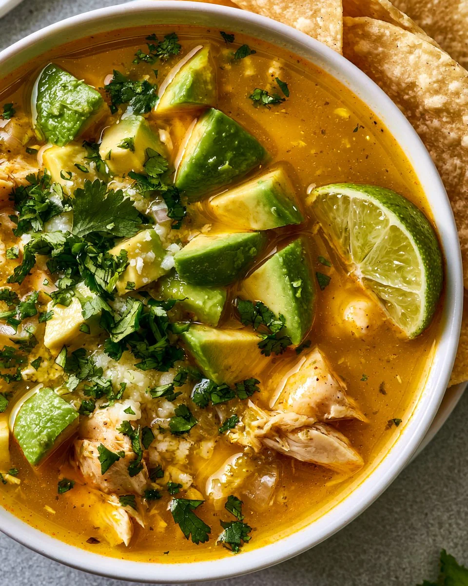 Bowl of Chicken Pozole soup garnished with radishes and cilantro