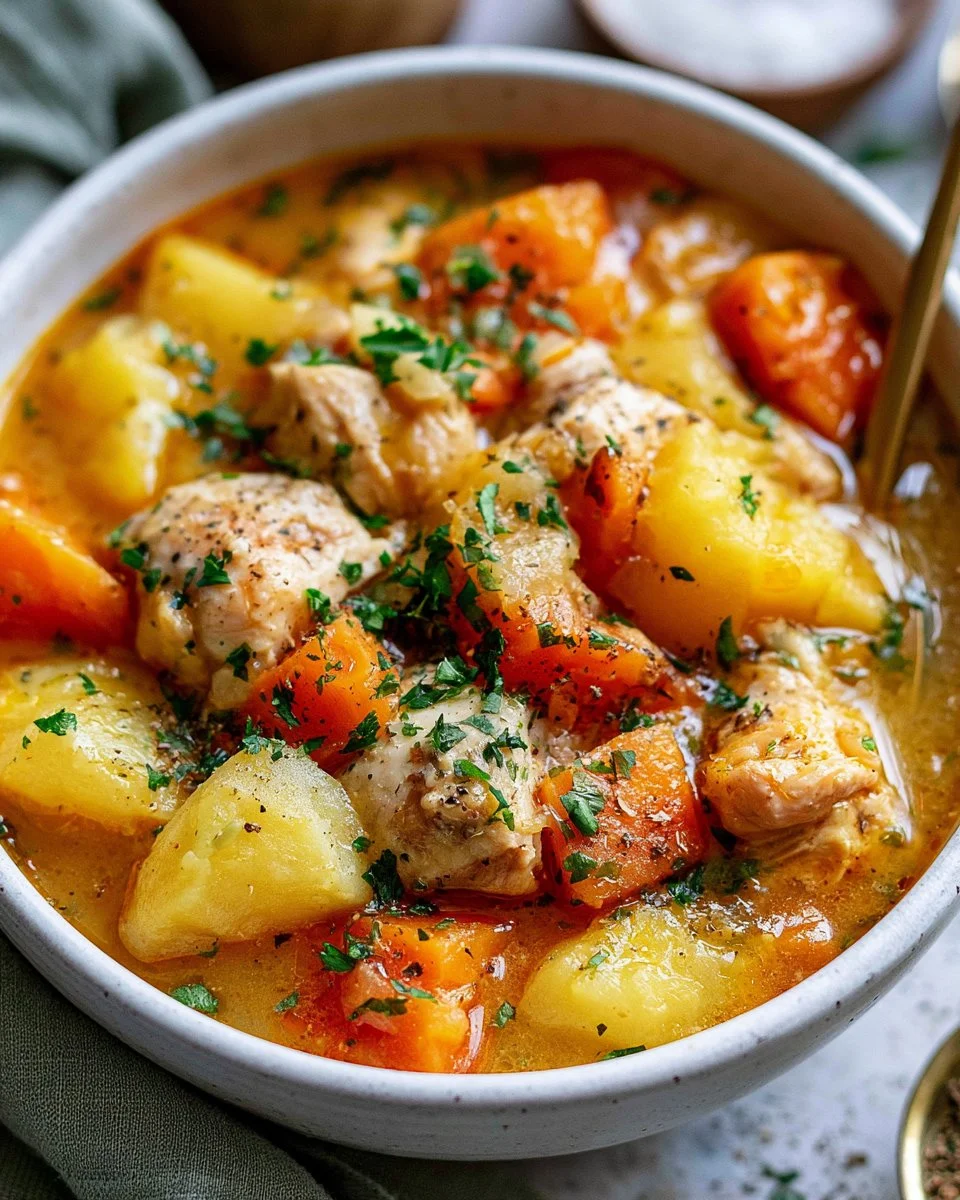 Delicious homemade chicken stew served in a rustic bowl with vegetables and herbs.