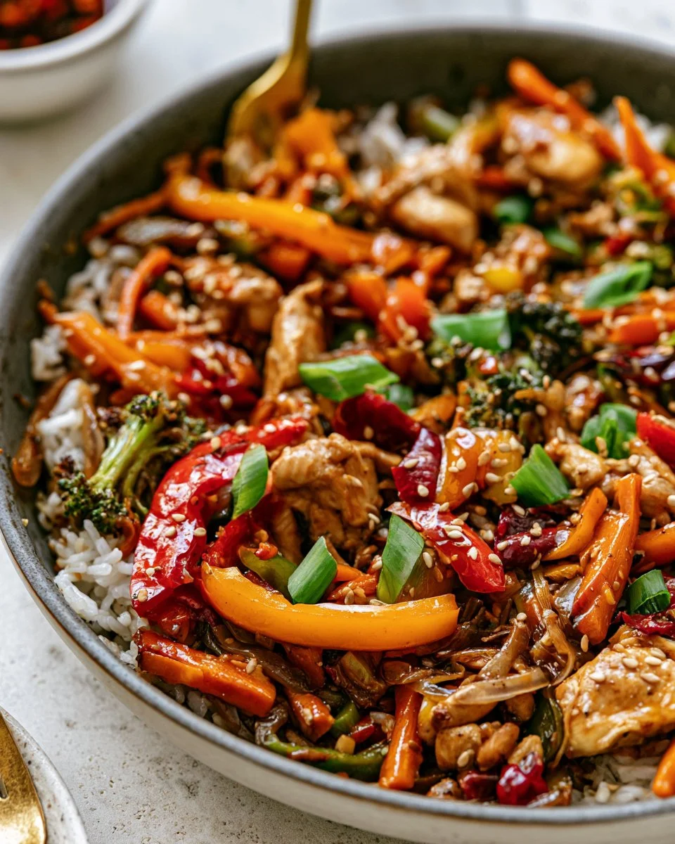 Colorful chicken stir fry with vegetables in a skillet