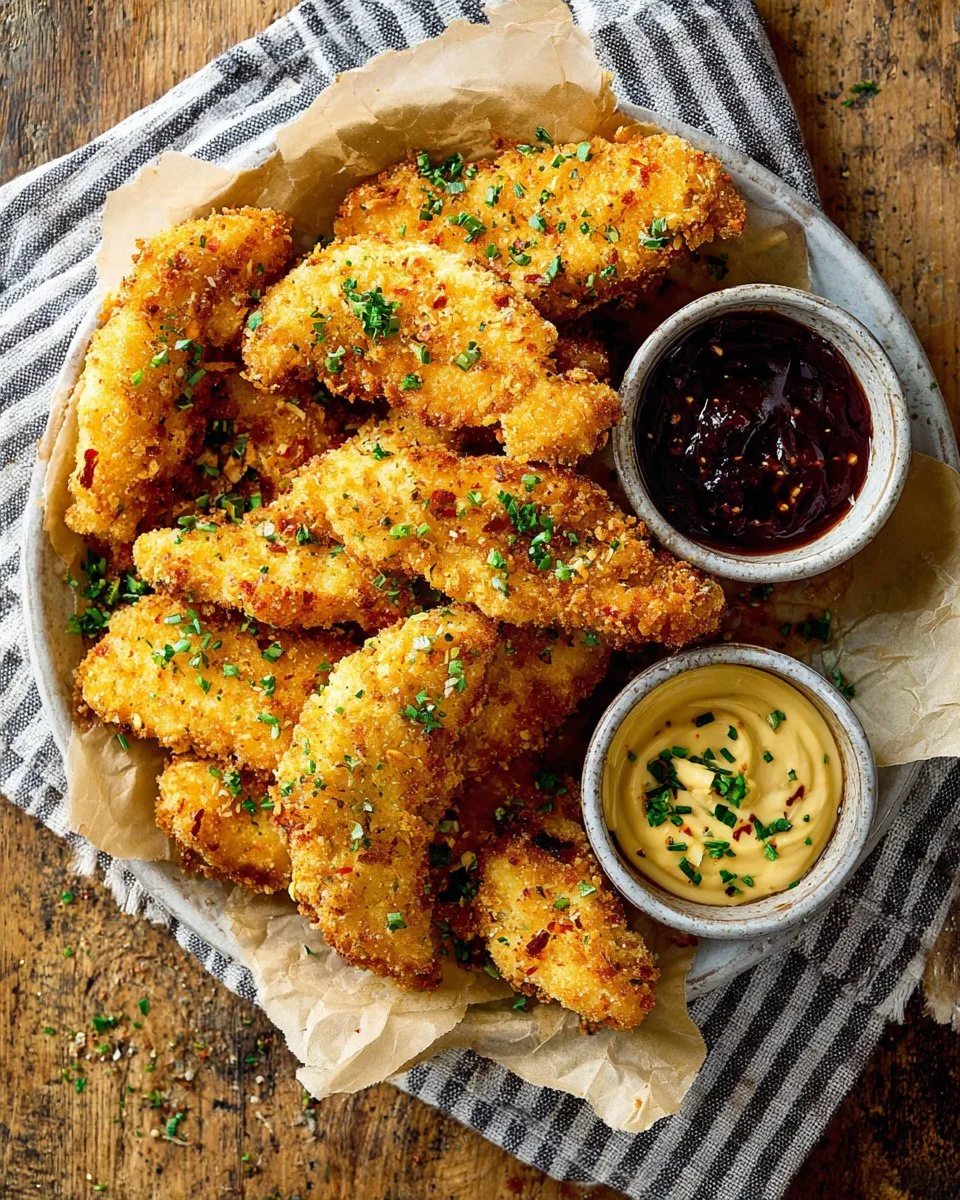 Crispy homemade chicken tenders served with dipping sauce