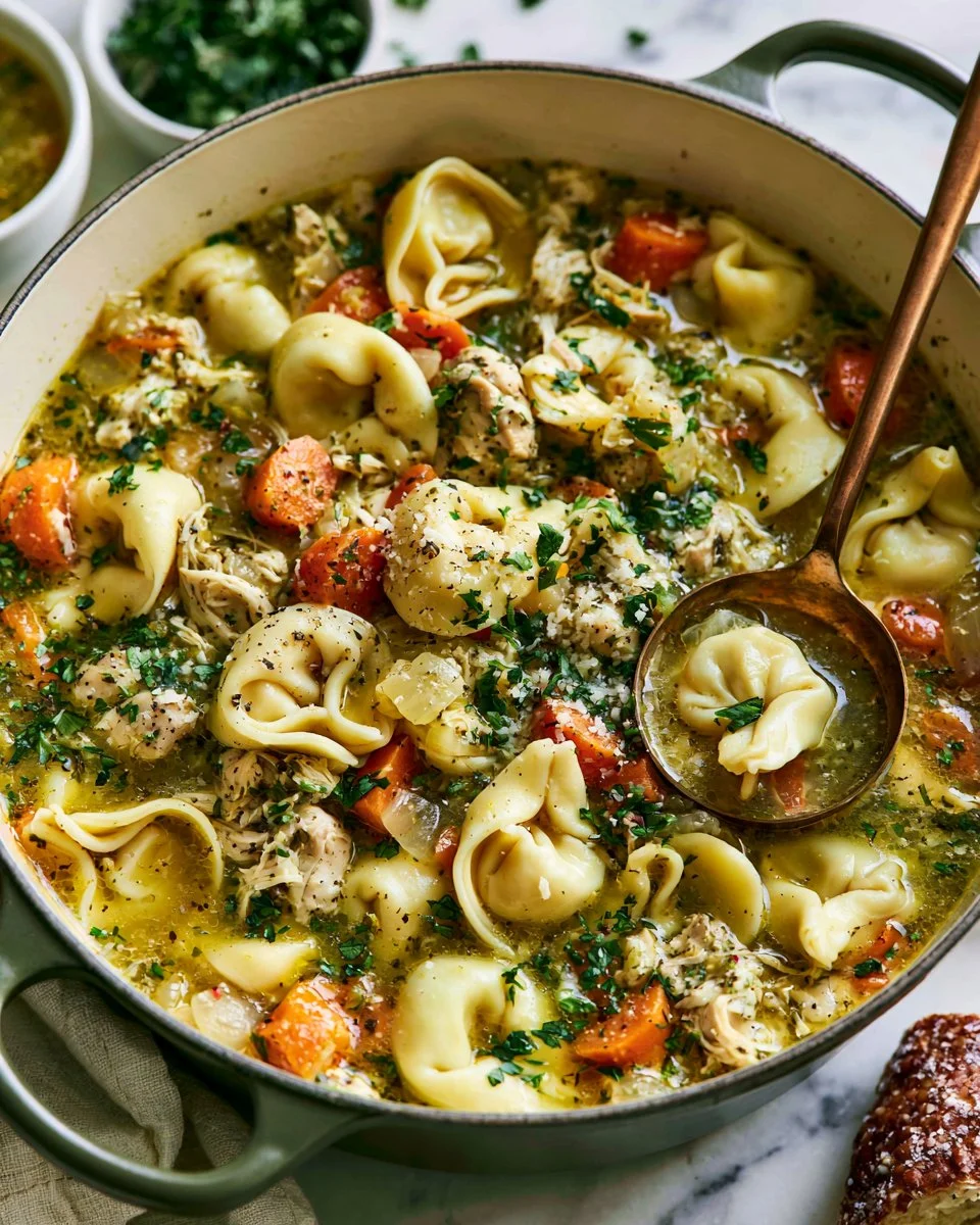 Delicious Chicken Tortellini Soup in a bowl garnished with herbs