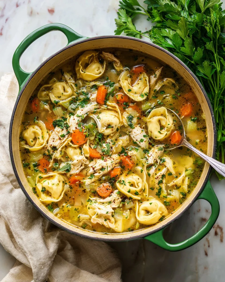 Bowl of delicious Chicken Tortellini Soup with herbs and vegetables