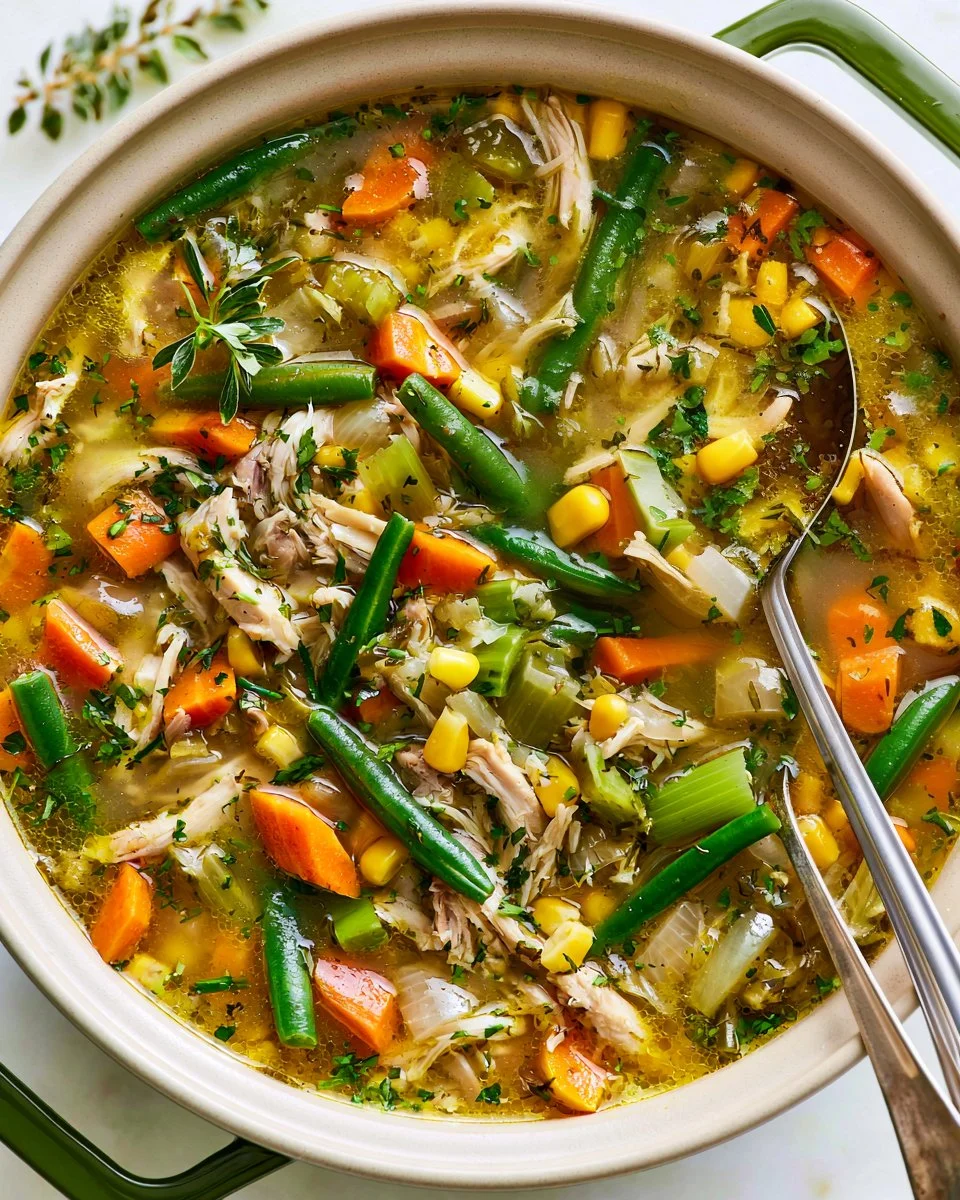 Bowl of homemade Chicken Vegetable Soup with fresh vegetables and chicken pieces