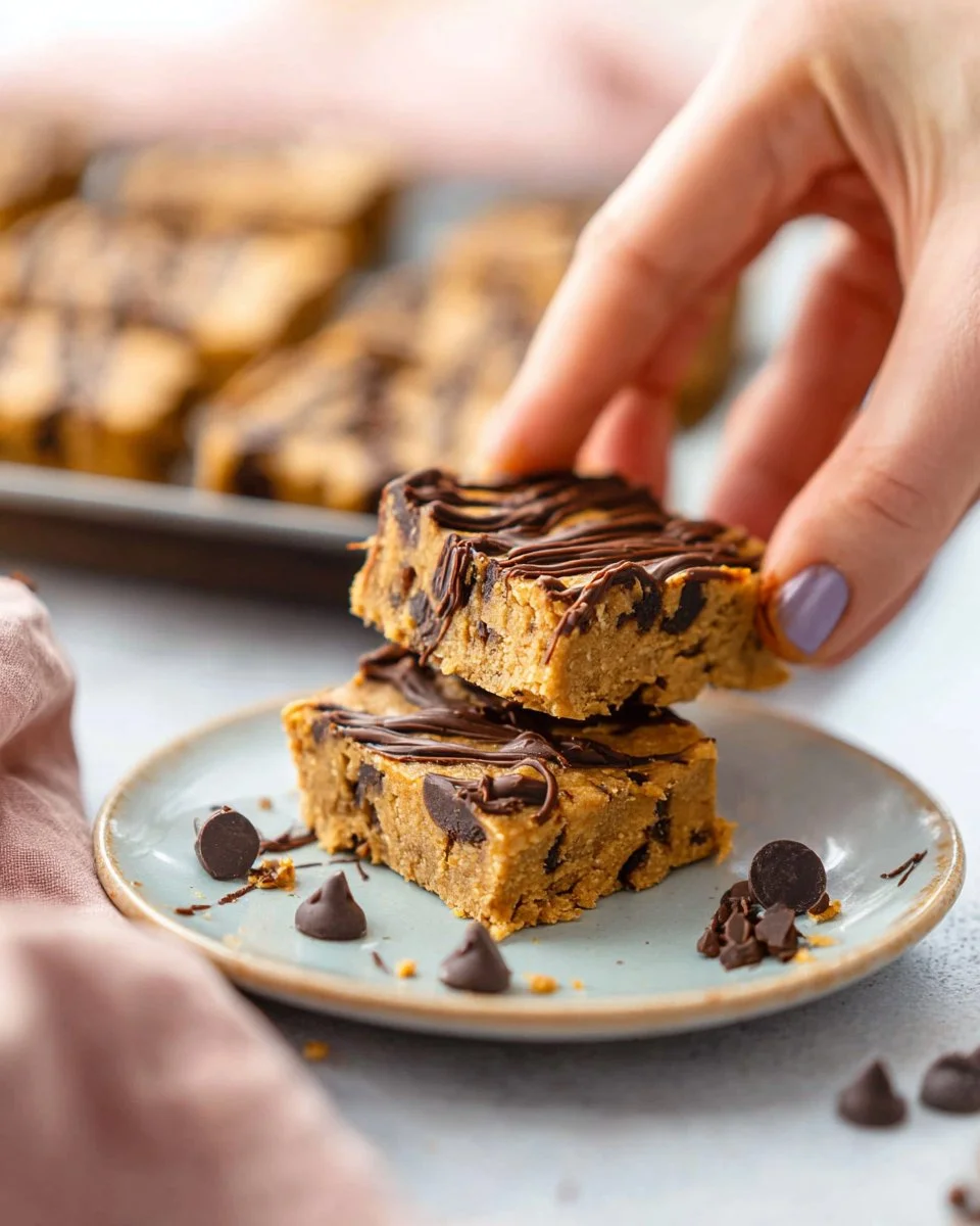 No bake chickpea cookie dough bars topped with chocolate chips
