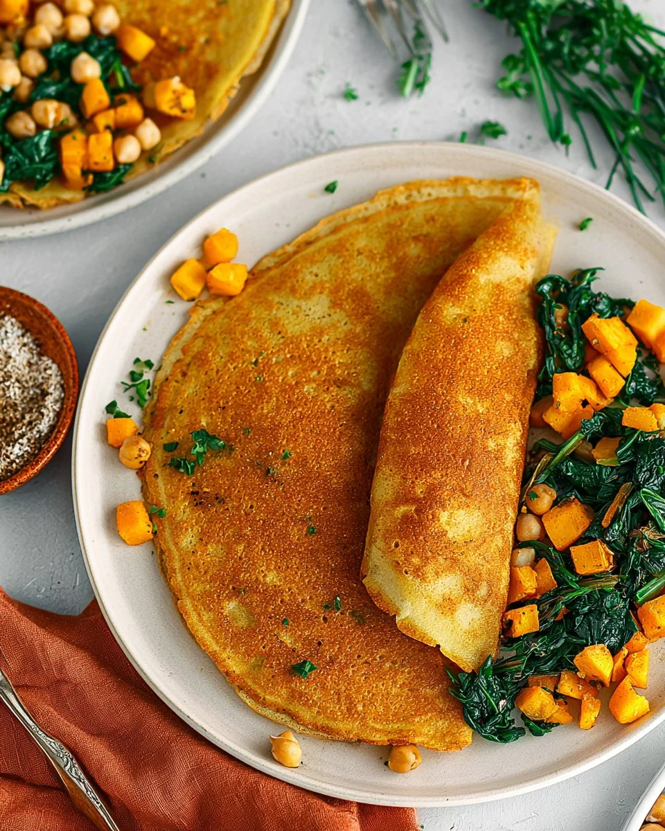 Delicious chickpea flour omelette served with fresh herbs and vegetables.