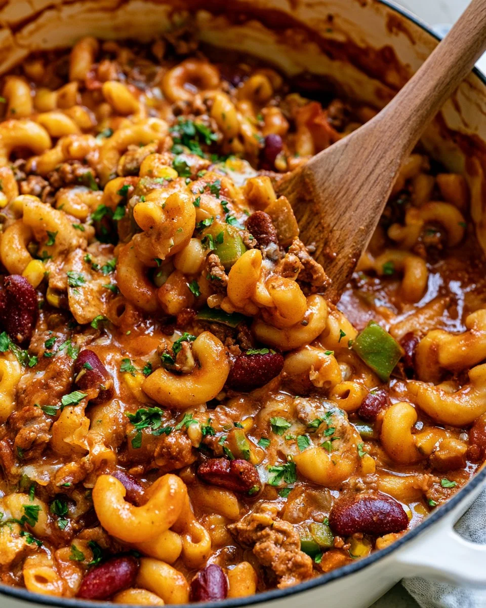 A delicious bowl of Chili Mac and Cheese topped with cheese and herbs