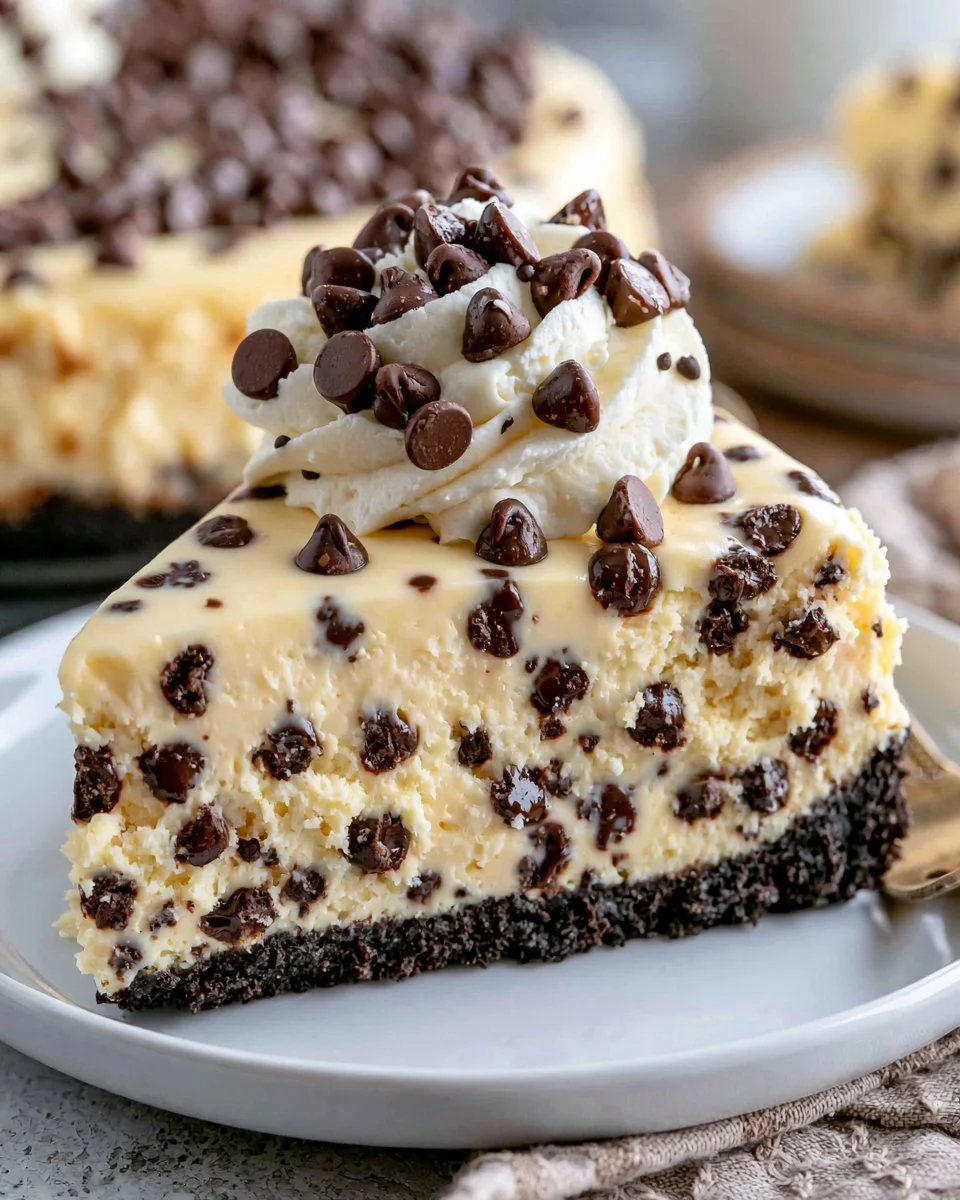 Delicious chocolate chip cheesecake slice on a plate