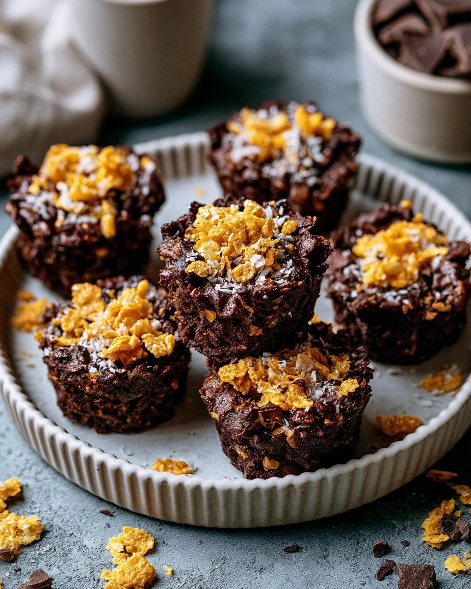 Delicious Chocolate Cornflakes Cakes topped with chocolate.