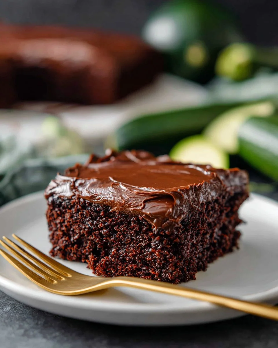 Delicious chocolate zucchini cake topped with chocolate frosting and garnished with zucchini