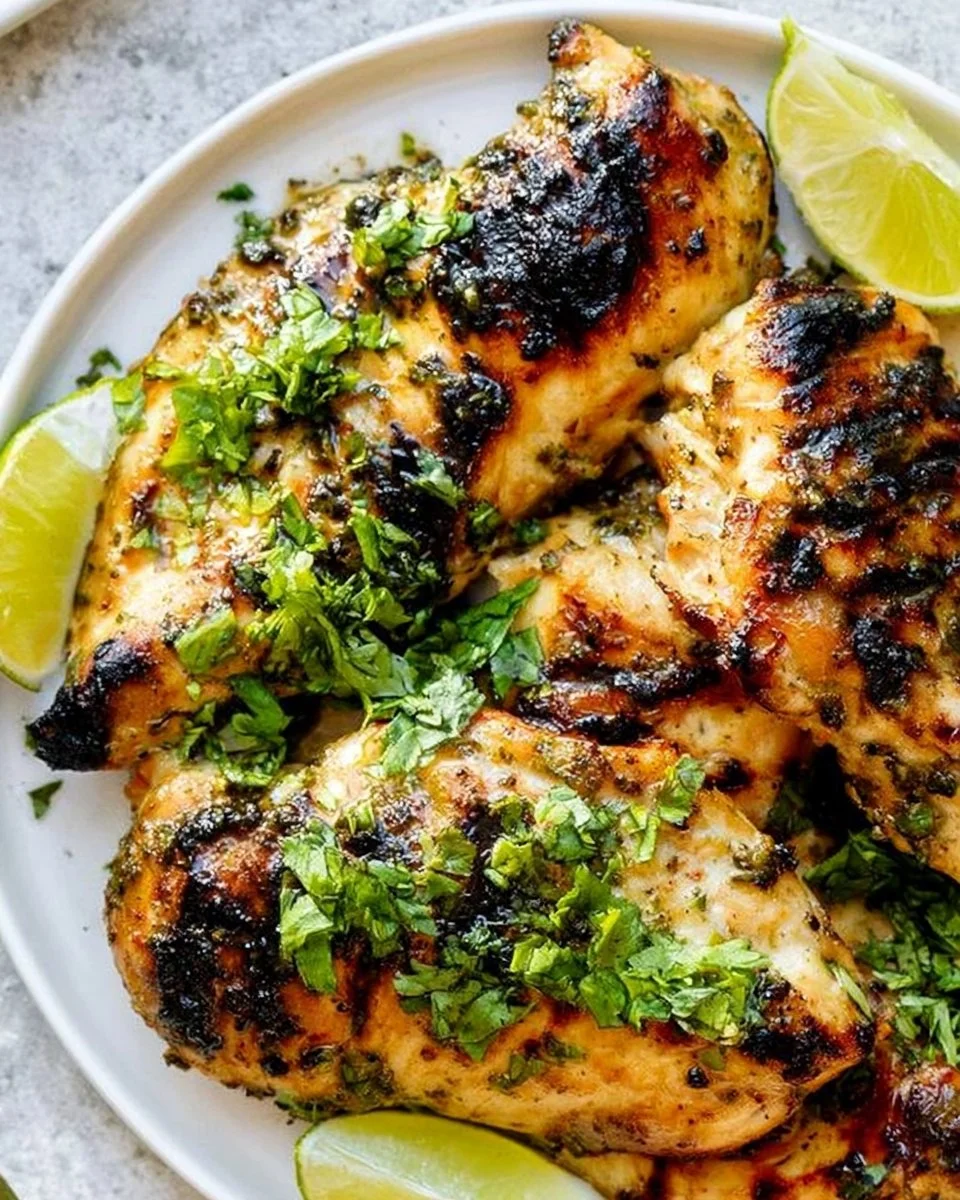 Delicious Cilantro Lime Chicken Breast garnished with fresh cilantro and lime
