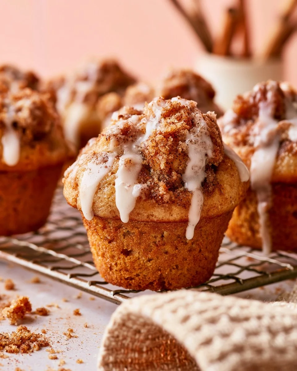 Freshly baked cinnamon muffins with a crunchy topping on a cooling rack.