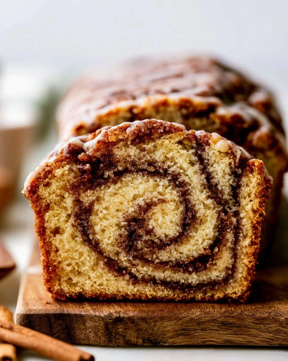 Freshly baked Cinnamon Swirl Quick Bread on a wooden cutting board